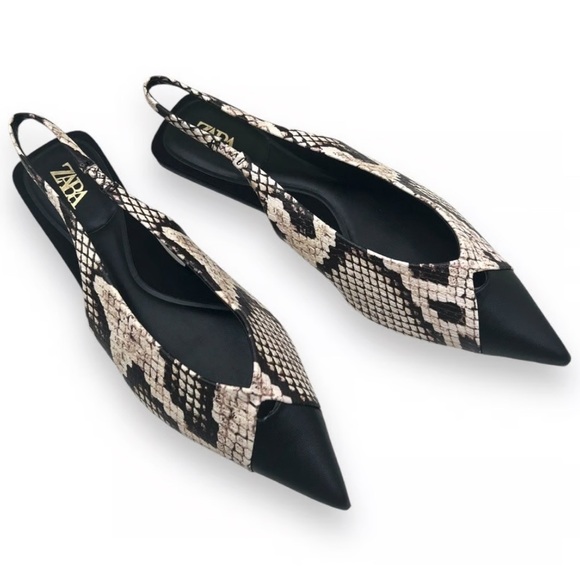 Zara Shoes - Zara Womens 7.5 Balletcore Snake Print Vegan Leather Pointed Toe Slingback Flats